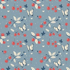Whimsical Watercolor Cherry Pattern in Vintage Style, Featuring Soft Hues and Playful Sweet Fruit in Seamless Repeat