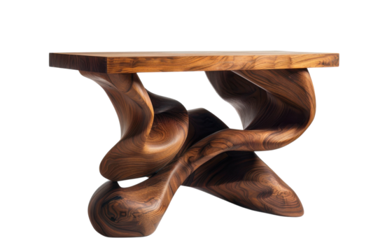 Artistic wooden table with unique swirling design showcasing craftsmanship and modern elegance isolated on transparent background