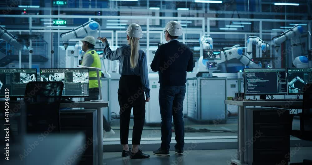 Poster Female Engineer and Technician Having a Conversation and Using a Laptop Computer. Industrial Specialists Monitoring, Analyzing Conditions at a Modern Electronics Factory with Automated Assembly Line