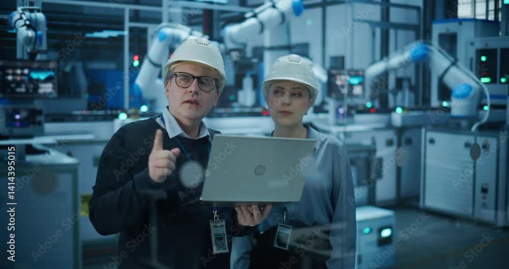 Fototapete Portrait of an Engineer and Technician Standing in Hard Hats, Having a Discussion, Using a Laptop Computer. Industrial Specialists Analyzing Conditions at an Electronics Factory with an Assembly Line