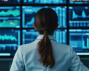A person analyzes data displayed on multiple blue digital screens, showcasing graphs and statistics in a modern, tech-driven environment.