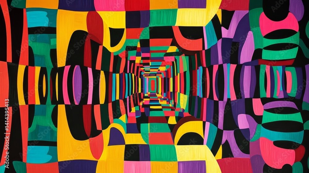 Poster abstract colorful geometric shapes create a tunnel or corridor effect.