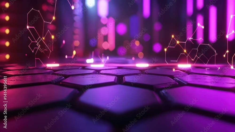 Canvas Prints futuristic hexagon platform with glowing circuits in vibrant neon city background