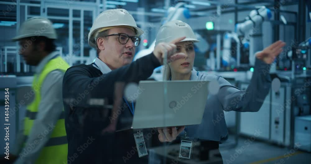 Poster Portrait of Diverse Factory Employees Using Laptop and Talking on a Production Floor. Robotic Arms Automate Electronics Assembly Inside a Facility. Automatic Conveyor is Powered by an AI System