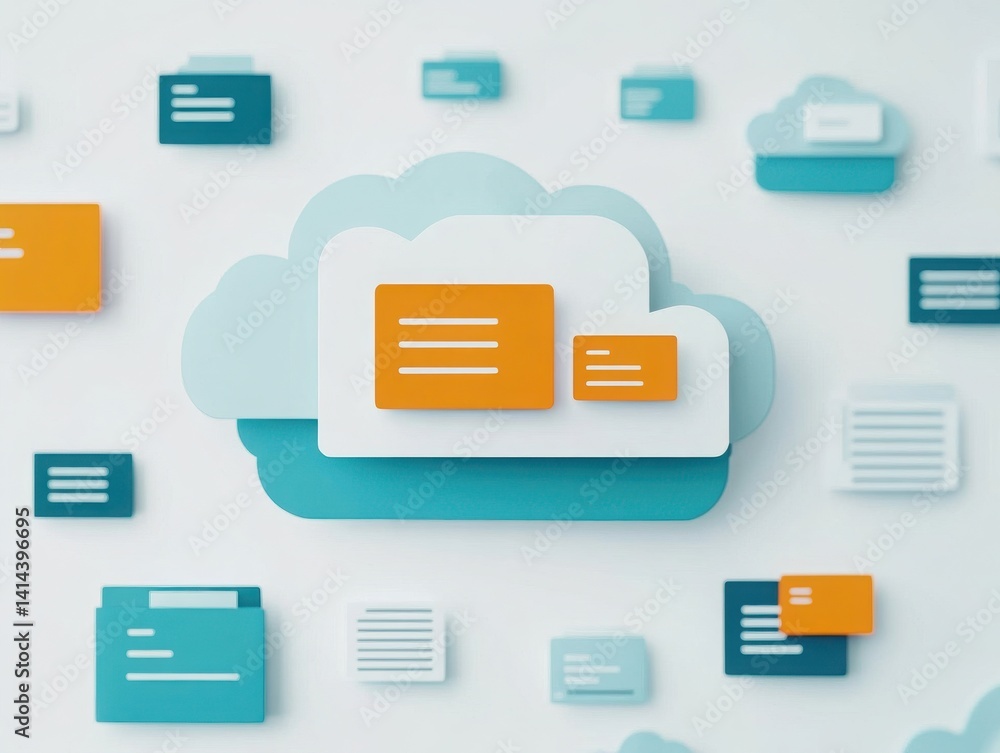 Poster a stylized representation of cloud storage, featuring various data files and folders in a modern, co