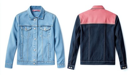 Two denim jackets in contrasting colors, one light blue and the other dark blue with pink accents, displayed back-to-back highlighting their unique designs.
