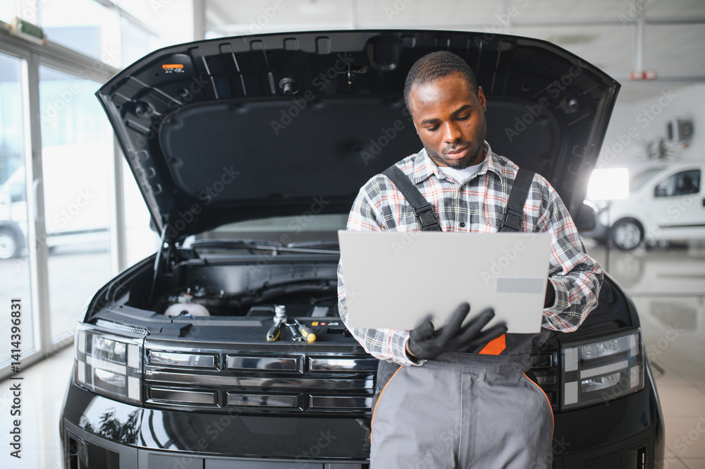 Aufkleber automobile computer diagnosis. car mechanic repairer looks for engine failure