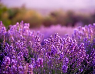Obraz premium Blooming Lavender flowers field panoramic view for summer background, banner. Soft selective