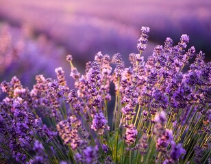 Fototapeta premium Blooming Lavender flowers field panoramic view for summer background, banner. Soft selective