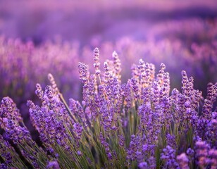 Obraz premium Blooming Lavender flowers field panoramic view for summer background, banner. Soft selective