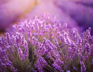 Obraz premium Blooming Lavender flowers field panoramic view for summer background, banner. Soft selective