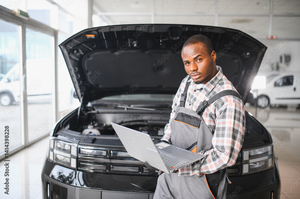 Poster engineer expertly examines car motor using advanced mechanical tools, ensuring optimal automotive pe