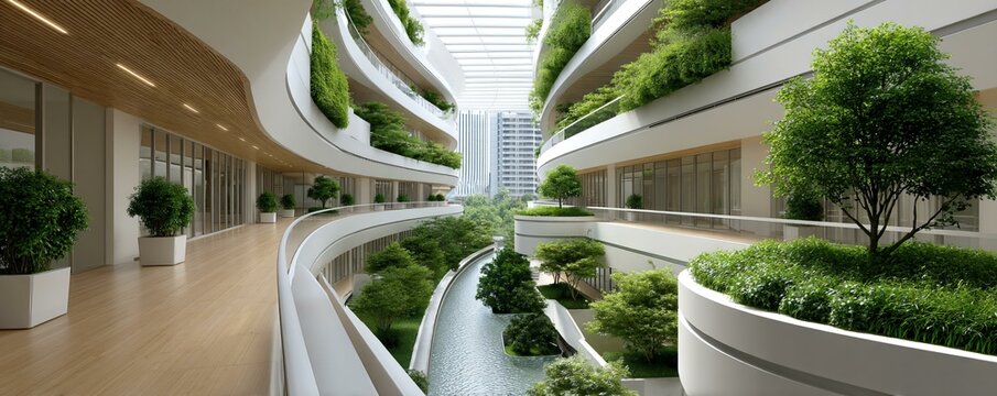 Daylight-optimized office cluster with vegetated louvers, ground-level water purification gardens, and tree-filtered air intake vents