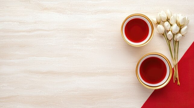 Two small teacups filled with red liquid,  accompanied by a bouquet of white flowers, resting on a light beige surface with a red accent