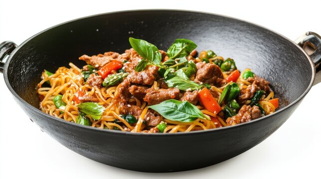 A vibrant stir-fried noodle dish with colorful vegetables and pieces of meat, served in a black wok, showcasing a delicious mix of flavors.
