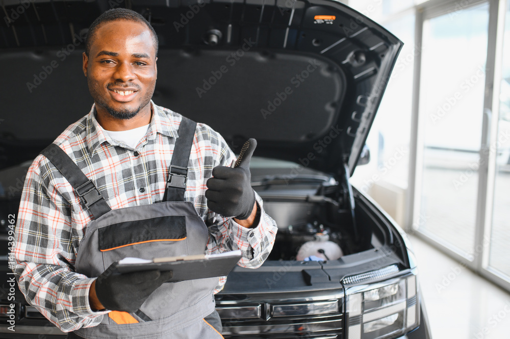 Poster engineer expertly examines car motor using advanced mechanical tools, ensuring optimal automotive pe