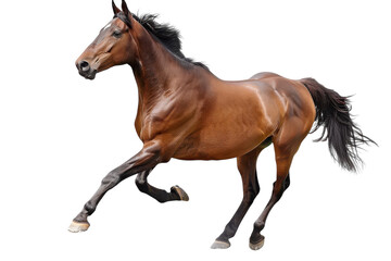 Fototapeta premium A majestic brown horse galloping gracefully across an open field during golden hour light isolated on transparent background