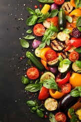 Colorful grilled vegetables featuring zucchini, peppers, and tomatoes, garnished with fresh basil, perfect for backyard BBQ events and healthy meals