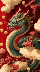 Obraz premium This vibrant illustration features a grand dragon entwined with cherry blossoms and ornate clouds, set against a rich red and gold background to celebrate Chinese New Year