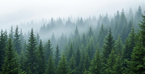 Fototapeta premium Lush green pine forest with thick mist and fog over treetops, realistic natural style on a mountain background, concept of wilderness and travel. Ai generative