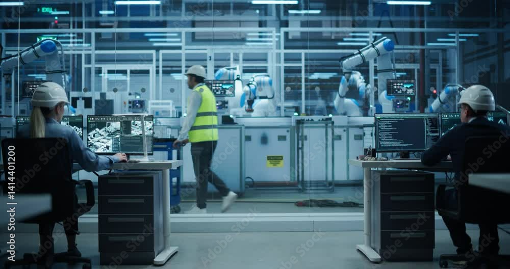 Aufkleber Establishing Footage at an Electronics Factory with Robotic Arms. Diverse Engineers and Developers Working on Desktop Computers. Indian Worker in High Visibility Vest Pushing a Trolley with Equipment