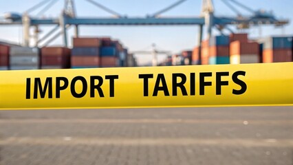 Import Tariffs trade policy. Yellow barrier with "IMPORT TARIFFS" sign, containers in background, indicating trade regulations.