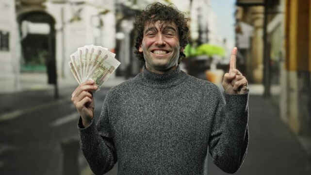 Hispanic man outdoors in city street holding russian rouble banknotes and pointing upwards with a cheerful expression, emphasizing financial opportunities in an urban setting.