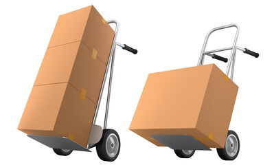Set of Airport luggage cart or baggage trolley side with stack of cardboard boxes or cartons on white background. 3d render element of airport or warehouse service