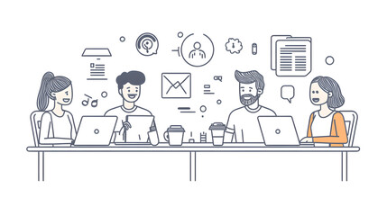 Line drawing of a team meeting