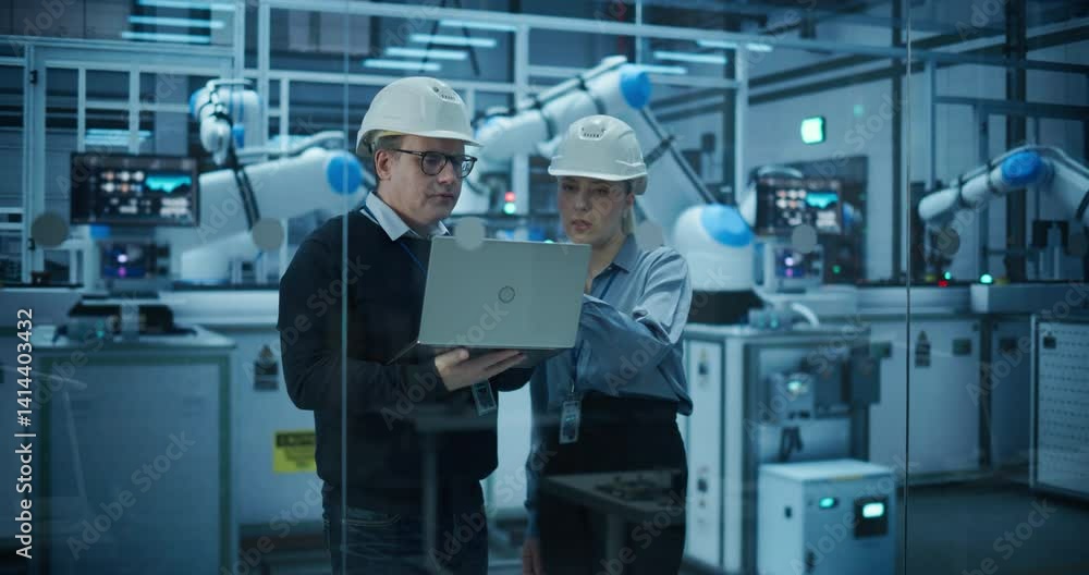 Aufkleber Female and Male Industrial Engineers Using Laptop Computer, Having a Conversation at a Modern Tech Electronics Factory with Automated Robot Arms Working with the Help of AI Software