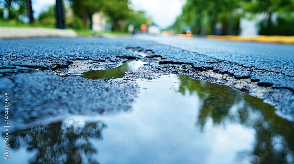 Poster puddle marks after rain are water that has formed marks on the asphalt.