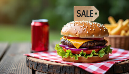 4th of July sale banner. Grilled hamburger with SALE sign on American flag napkin with fries and soda for 4th of July picnic, barbecue promotion, or patriotic food campaign