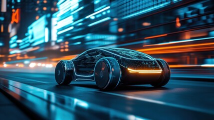 futuristic electric car on road with urban night light.