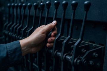 Hand on Industrial Lever Control Panel. Close-up of hand gripping mechanical levers on industrial machine, symbolizing engineering, control, and machinery.