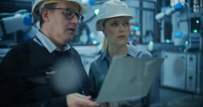 Male Engineer and Female Project Manager Standing Next to an Assembly Line, Chatting, Using Laptop and Monitoring Production at a Modern Automated Electronics Manufacture with Robotic Arms