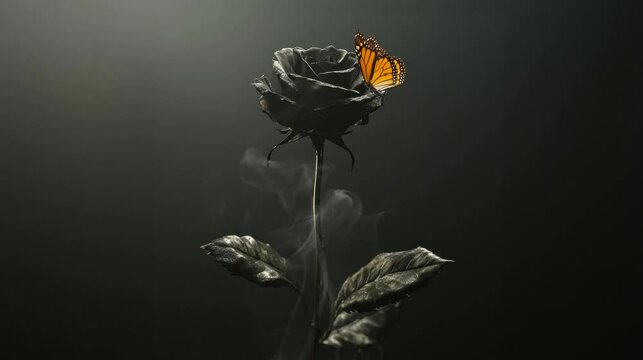 a black rose with a very beautiful butterfly perched on it. seamless looping time-lapse virtual 4k video Animation Background.	
