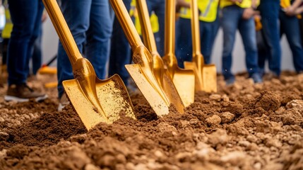 Groundbreaking ceremony, golden shovels, construction site, onlookers