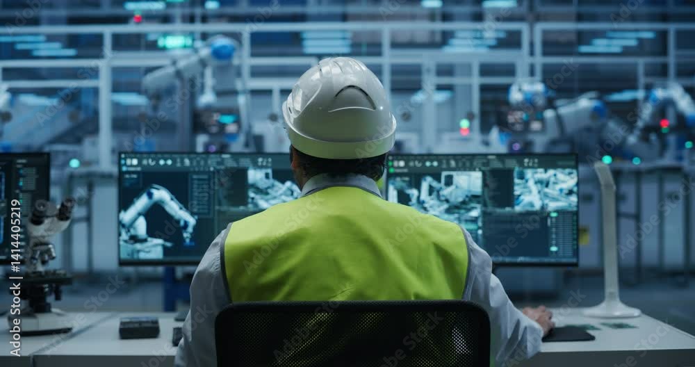 Poster Indian Engineer Sitting Behind a Desk in a Modern Product Development Facility, Using Industrial Computer Software on Dual Screens, Monitoring Electronics Production Line with Robotic Arms. Back View
