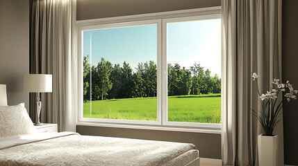 Fototapeta premium A bedroom with a large window that overlooks a green field