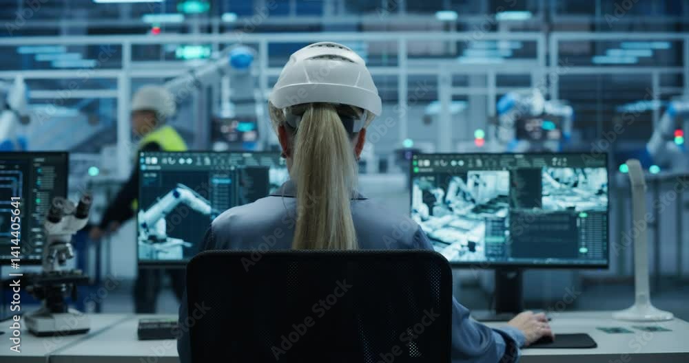 Fototapete Female Industrial Engineer Working Behind a Desk in a Modern Manufacturing Facility with Automated Robotic Arms. Specialist Monitoring Circuit Board Assembly Line and Optimizing Production Output