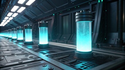 Row of Giant Transparent Stasis Tubes Containing Glowing Blue Biofluid in Underground Cyberpunk Lab