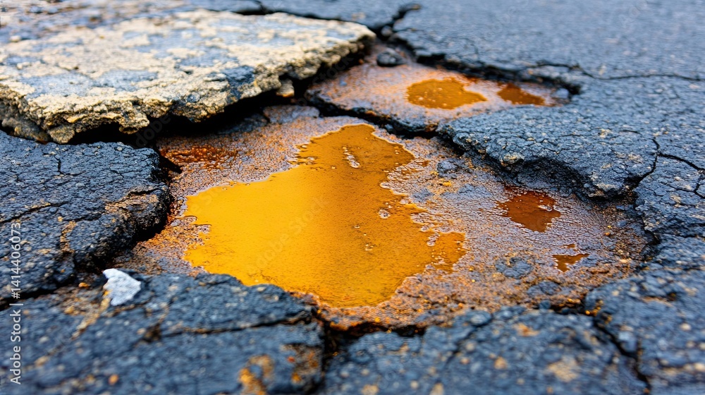 Aufkleber rust stains on asphalt â€“ details of rust stains formed on asphalt due to metal objects.
