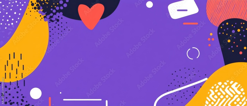 Poster playful purple background with geometric shapes and red heart, creating a vibrant and modern abstrac