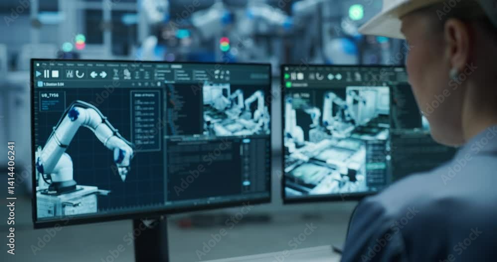 Aufkleber Female Technician Working in a Modern Product Development Factory, Using Industrial Computer Software on Display, Monitoring Electronics Production Line with Robotic Arms. Over the Shoulder Shot