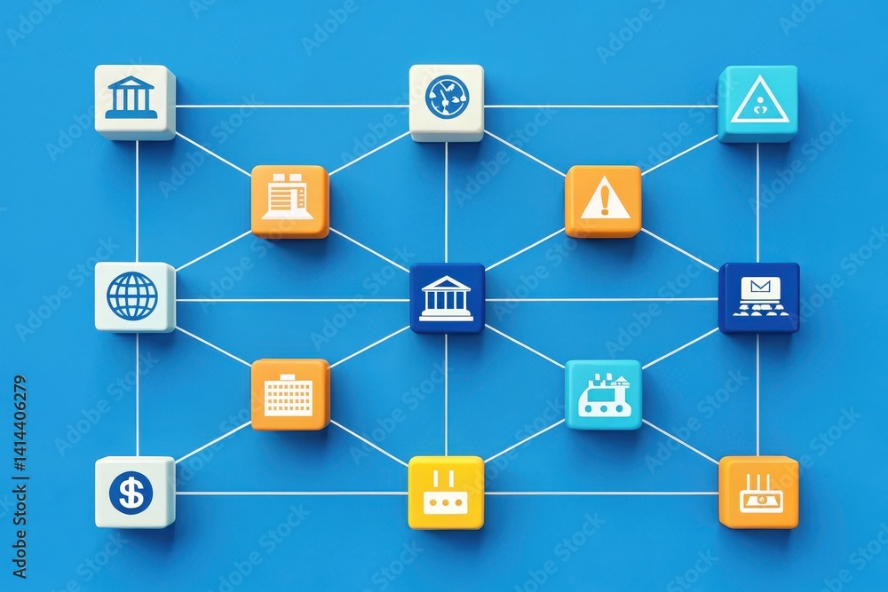 Poster import tariffs trade policy. colorful icons connected in a network, representing data and informatio