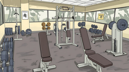 A cartoon drawing of a gym with a row of benches and a weight machine