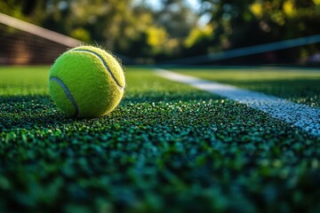 Tennis ball resting on a vibrant court during a sunny afternoon in a local sports facility