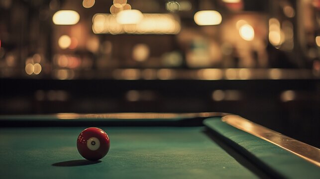 Red eight ball on pool table in dimly lit bar
