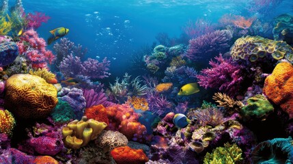 Naklejka premium Vibrant coral reef teeming with colorful fish in the ocean