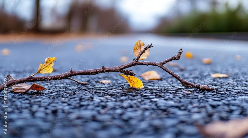 Aufkleber tree branches on asphalt after the wind â€“ macro photo of small branches or leaves that have fallen